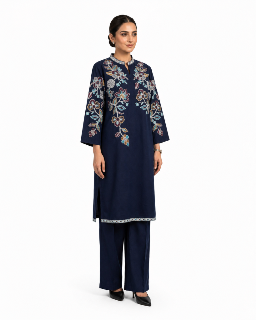 Navy Blue Floral Embroidered Kurta Pant Set Model View