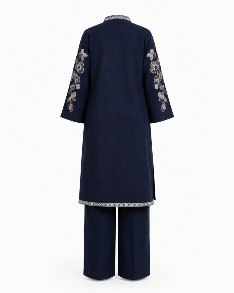 Navy Blue Floral Embroidered Kurta Pant Set Back View