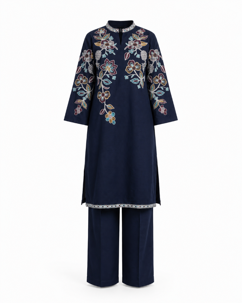 Navy Blue Floral Embroidered Kurta Pant Set Front View