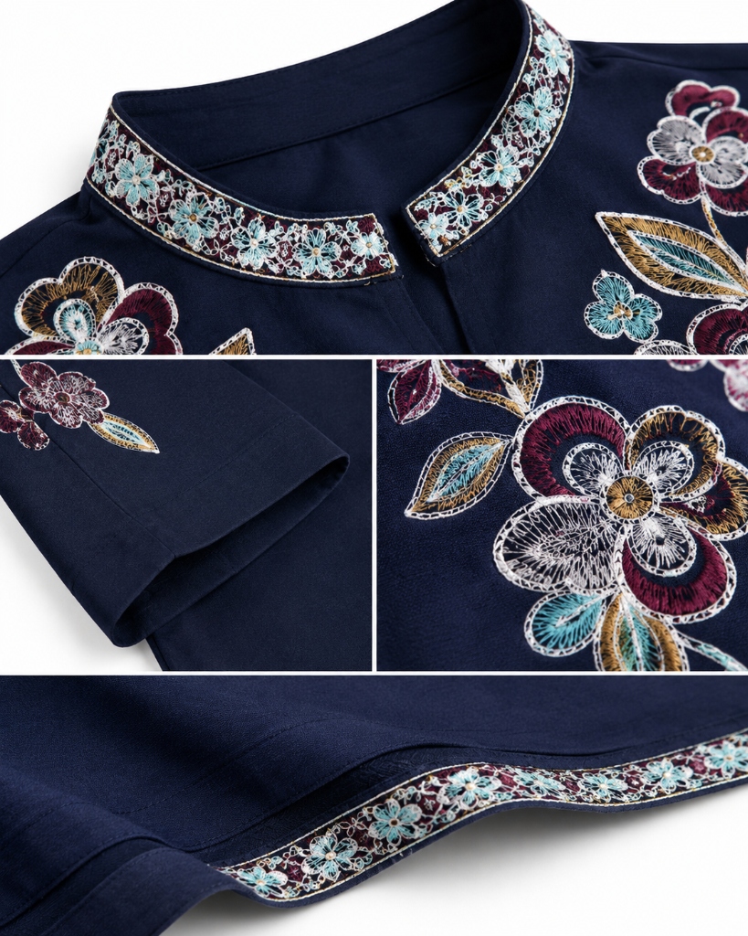 Navy Blue Floral Embroidered Kurta Pant Set Details Collage