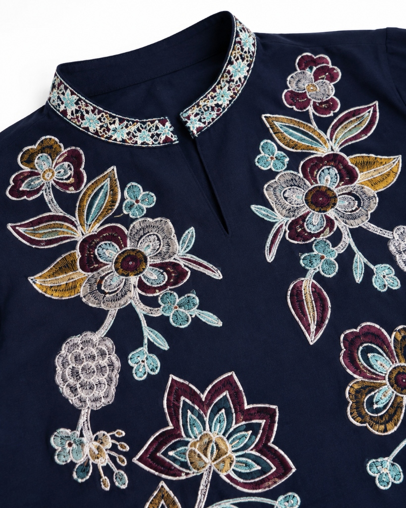 Navy Blue Floral Embroidered Kurta Pant Set Embroidery Close-up