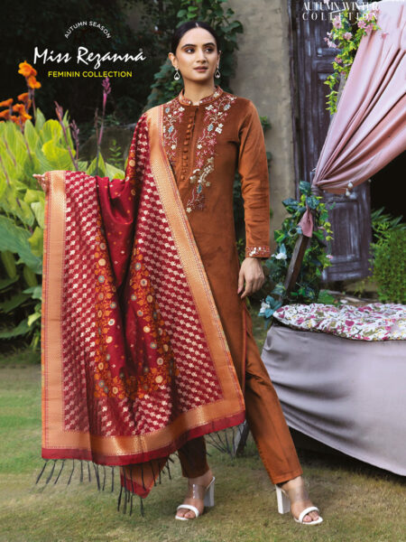 Miss Rezanna Rust Brown Velvet Floral Embroidery With Rich Maroon Banarasi Style Dupatta Kurta Set