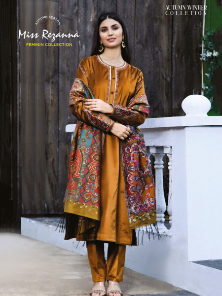 Miss Rezanna Mustard Velvet With Vibrant Multicolored Dupatta Kurta Set