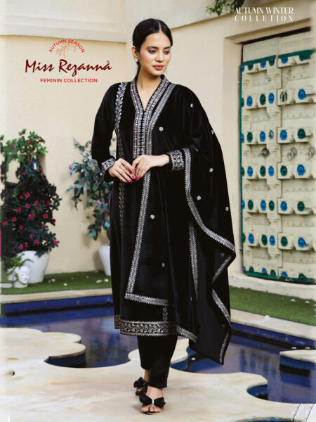 Miss Rezanna Black Velvet Embroidery With Richly Embroidered Dupatta Kurta Set