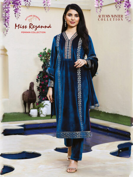 Miss Rezanna Deep Blue Velvet Embroidered With Dupatta Kurta Set