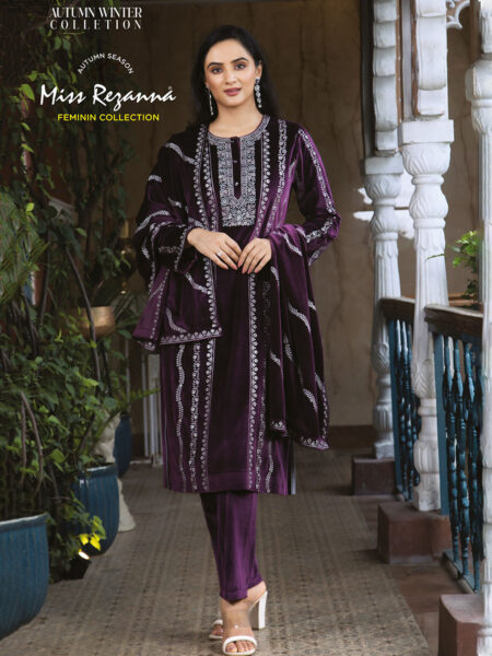 Miss Rezanna Majestic Purple Velvet Embroidery With Richly Embroidered Dupatta Kurta Set