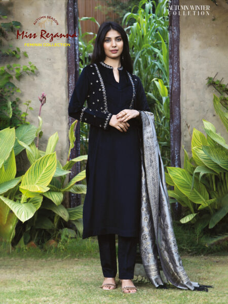 Miss Rezanna Navy Blue Embroidery and Silver Printed Dupatta Kurta Set